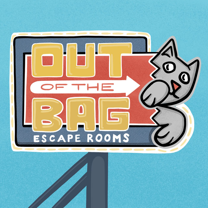 Sign art for Out of the Bag Escape Rooms by Carl Vervisch