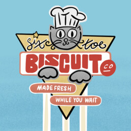 Sign art for the Six Toe Biscuit Co by Carl Vervisch